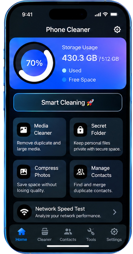 ProClean home screen with storage overview, media cleaner, secret folder, photo compression and contact tools