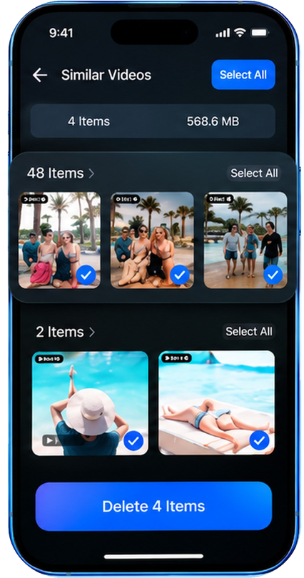 Similar videos grouped for review and selected deletion