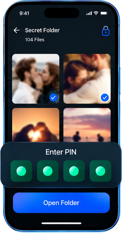 Secret Folder screen with a PIN entry panel for personal files